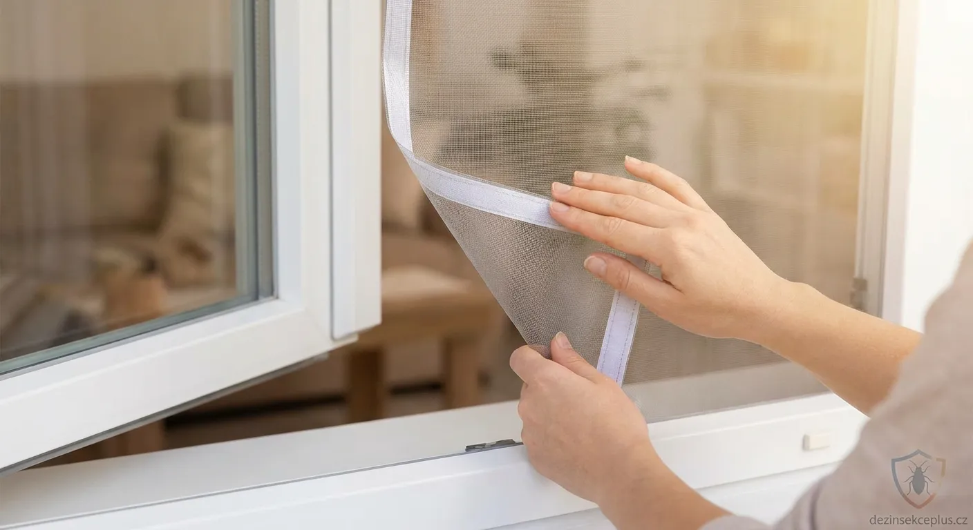 Detailní pohled na montáž sítí bez vrtání pomocí otočných háčků na plastovém okně